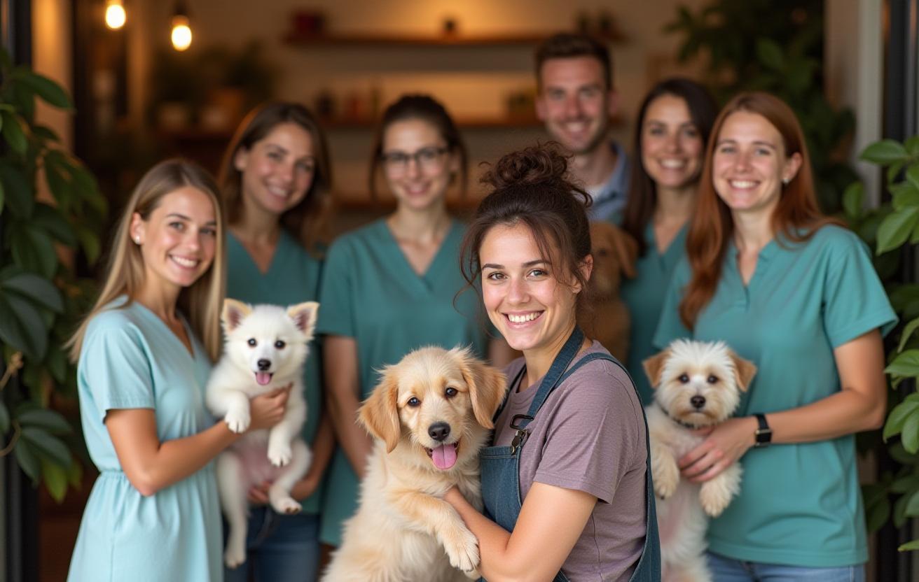 L’équipe de La Compagnie Animalière entourée d’animaux