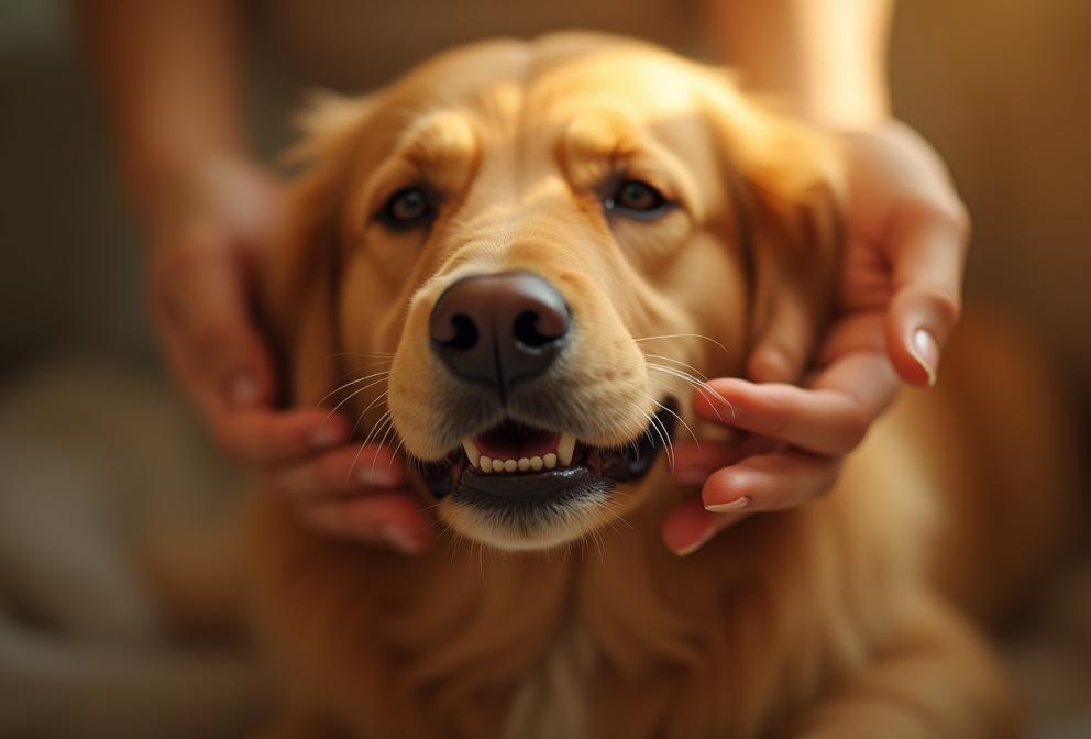 Chien recevant des caresses dans une atmosphère apaisante