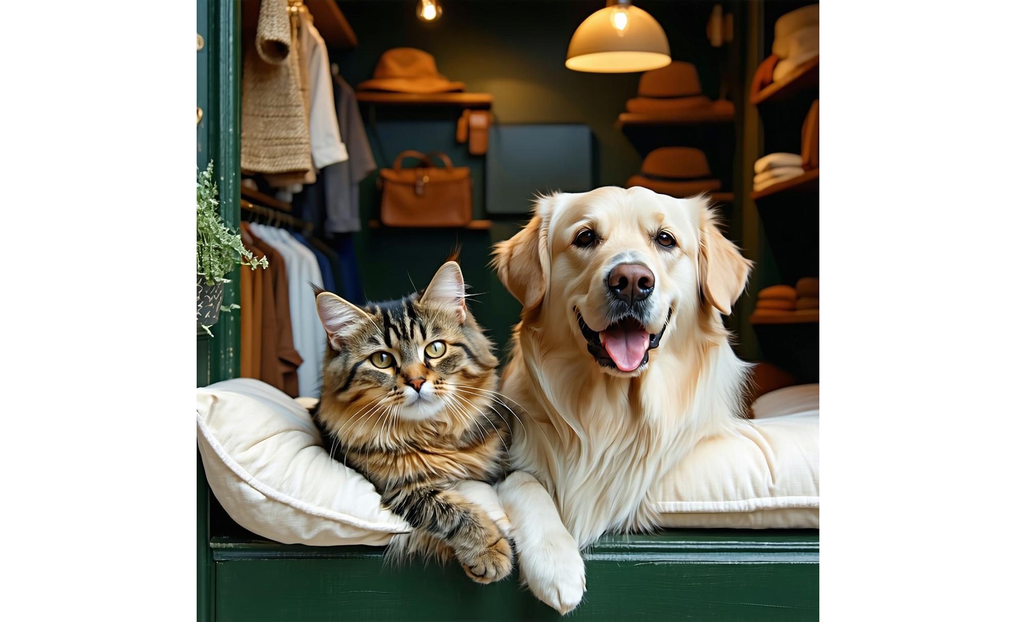 Un chien et un chat heureux dans la boutique de La Compagnie Animalière à Lyon
