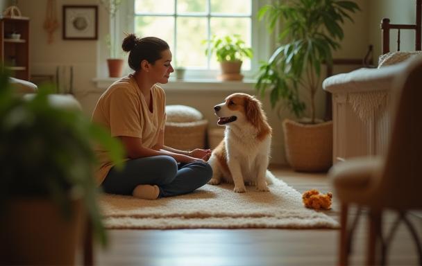 Chambre de pension pour animaux, chien jouant avec un membre de l’équipe